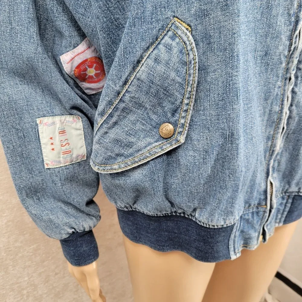 Guess Georges Marciano Vintage 80s Denim Bomber Jacket with Logo Patches RARE